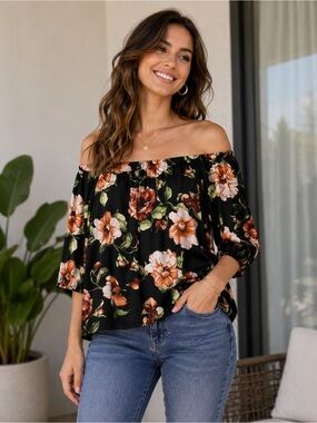 Black floral off the shoulder knit top